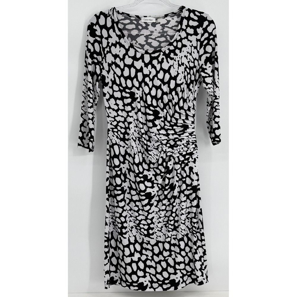Calvin Klein Women Black White Abstract Animal Print Ruched Sheath Dress Sz 8